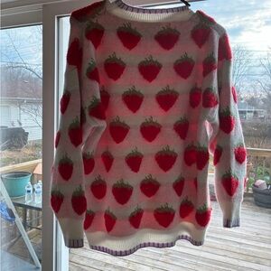 Striped Strawberry Crewneck Sweater - White & Pink ptp 20-23